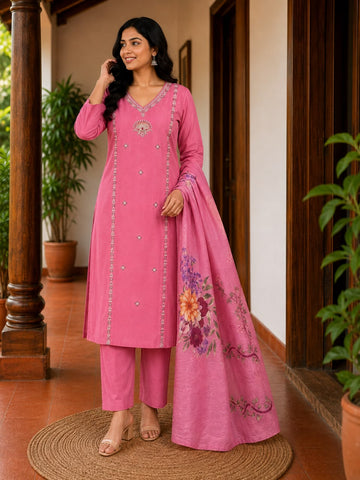 Pink Embroidered Roman Silk Suit