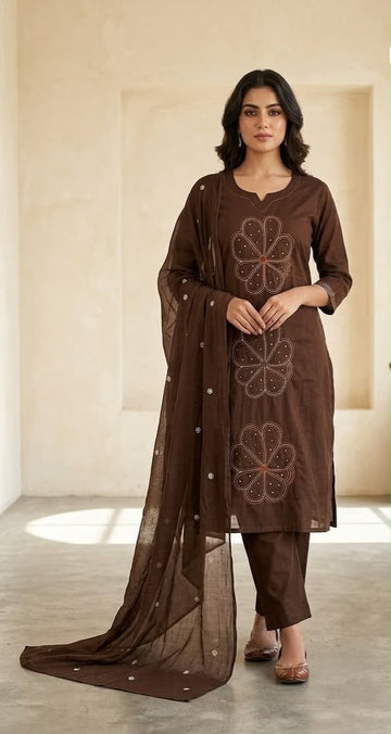 Coffe Brown Embroidered 3-Piece Kurta Set with Printed Dupatta