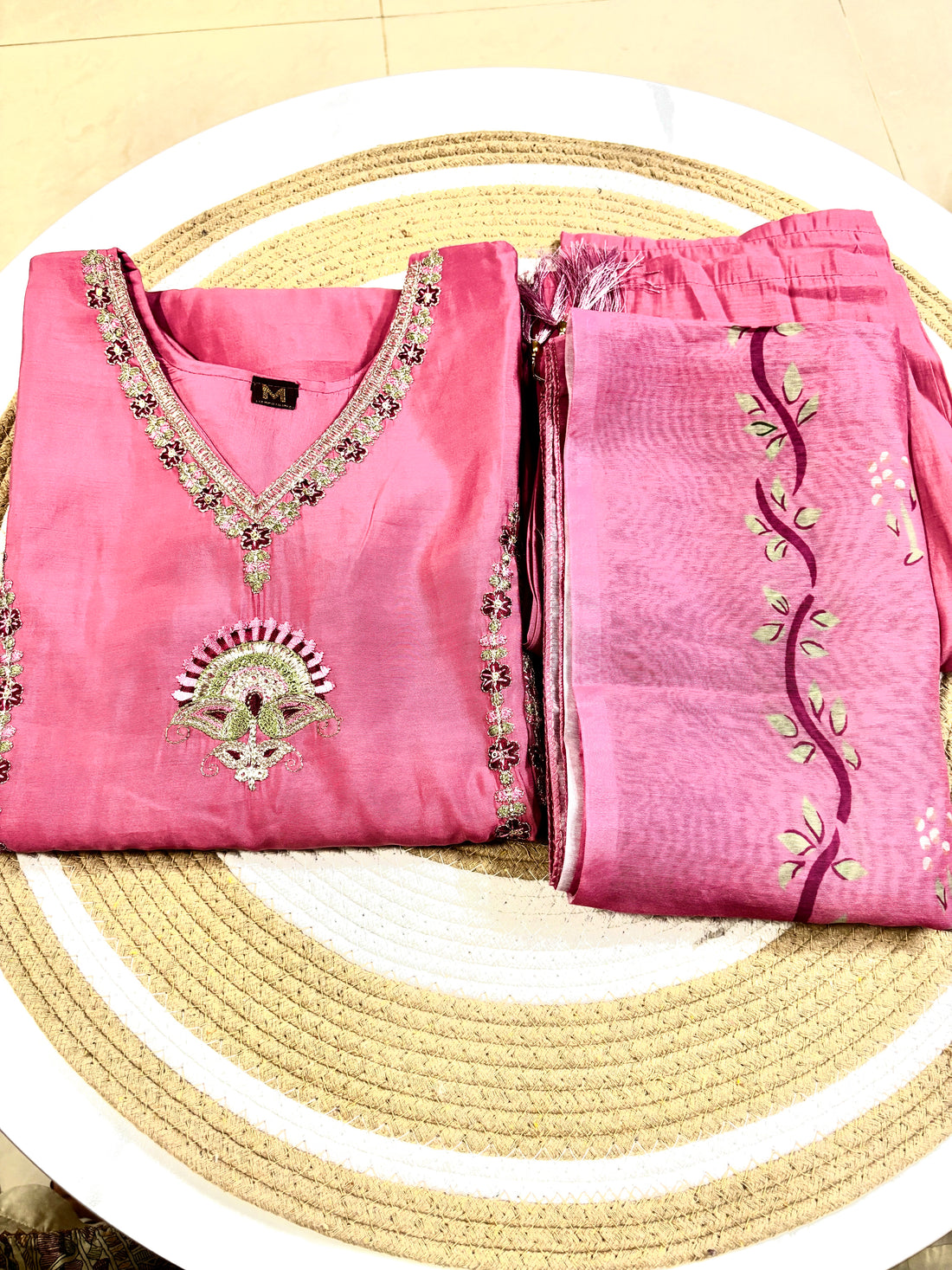 Pink Embroidered Roman Silk Suit