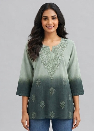 Dark Green Dual Shade - Chikankari Short Top