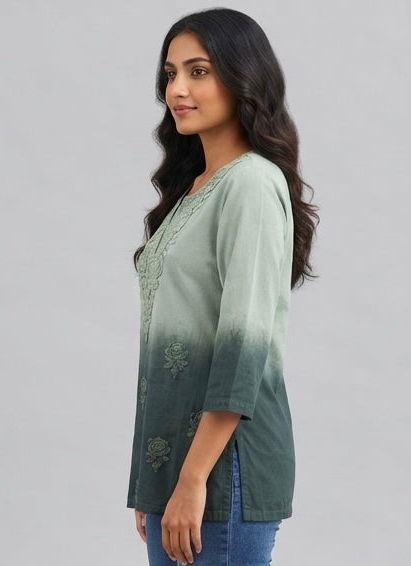 Dark Green Dual Shade - Chikankari Short Top