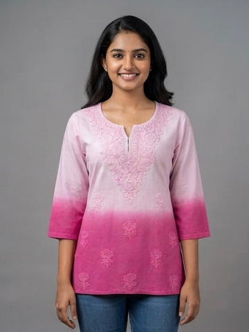 Pink Dual Shade - Chikankari Short Top