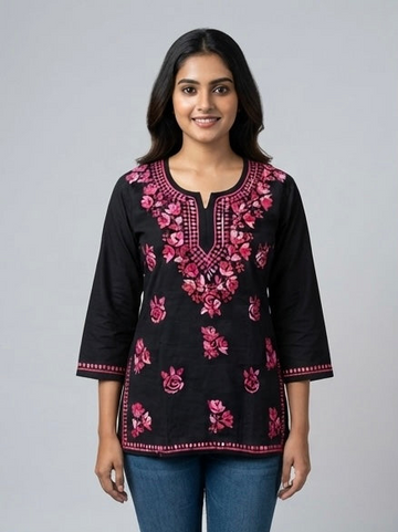 Floral Pink - Chikankari Short Top