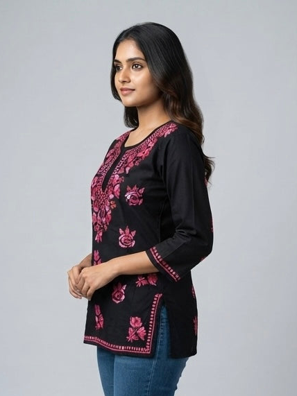Floral Pink - Chikankari Short Top