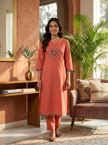 Terracotta Peach Embroidered
 - Coord Set
