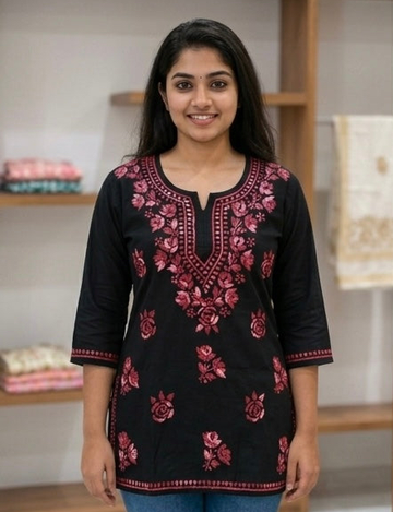 Floral Red - Chikankari Short Top
