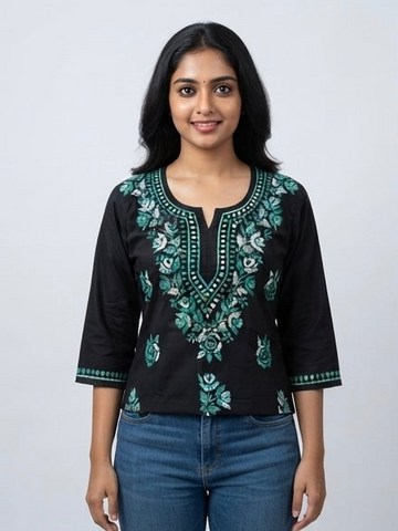 Floral Teal - Chikankari Short Top
