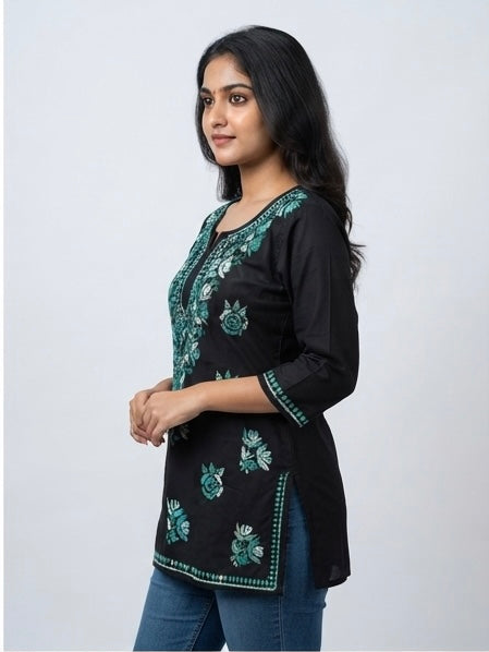 Floral Teal - Chikankari Short Top