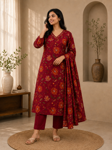 Maroon Mul Cotton- 3-Piece Suit Set