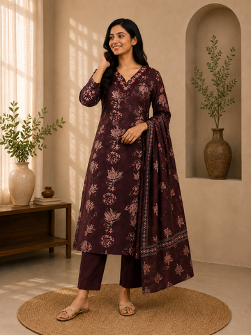 Chocolate Brown Floral Printed 3-Piece Suit Set