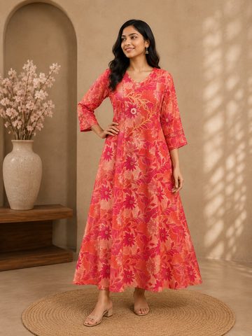 Coral Floral Printed - Anarkali