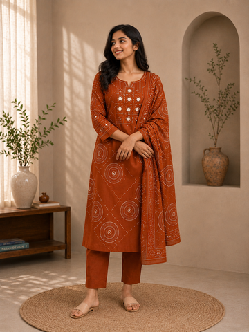 Rust Orange Bandhani Print 3-Piece Suit Set