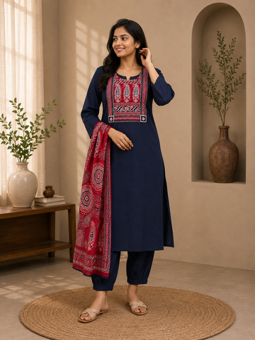 Navy Blue Printed 3-Piece Suit Set
