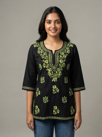 Floral Green - Chikankari Short Top