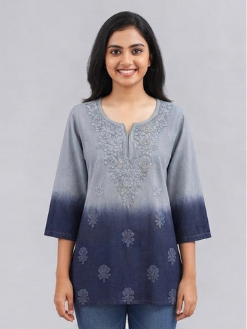 Blue Dual Shade - Chikankari Short Top