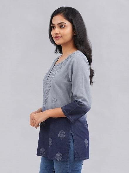 Blue Dual Shade - Chikankari Short Top