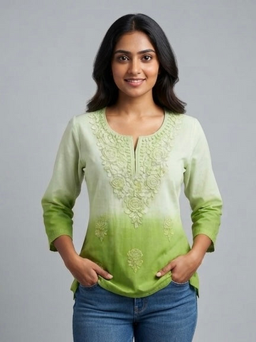 Green Dual Shade - Chikankari Short Top