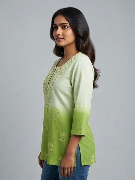 Green Dual Shade - Chikankari Short Top