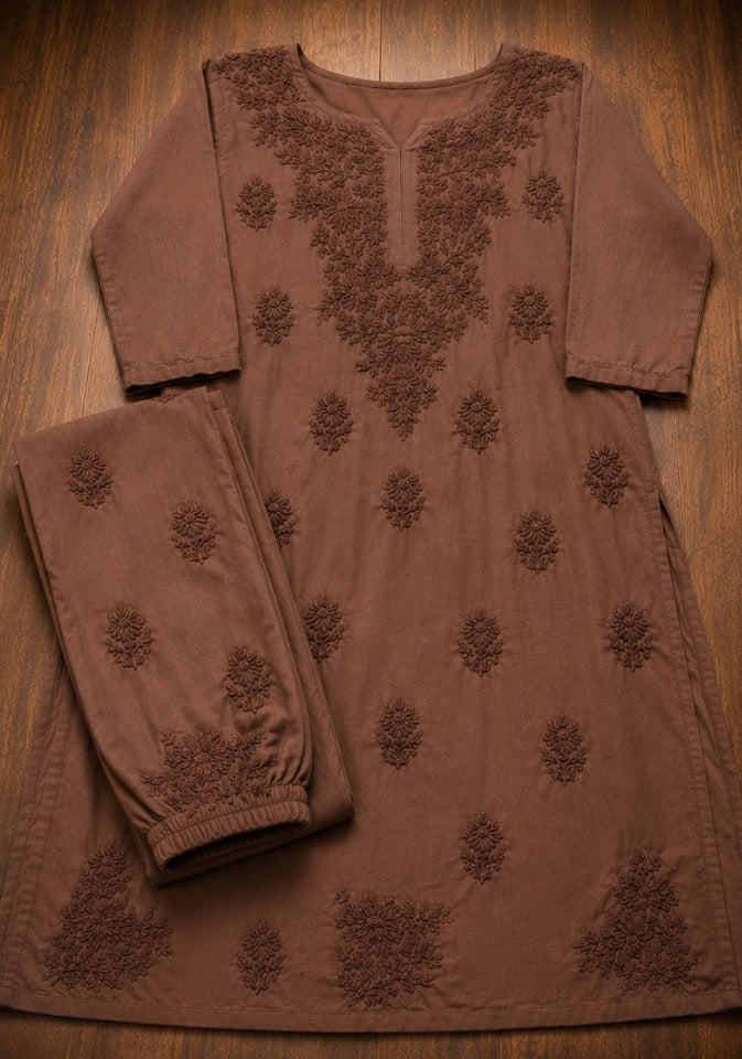 Brown Chikankari Kurti Set