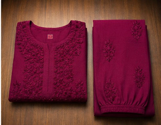 Wine Chikankari Kurti Set