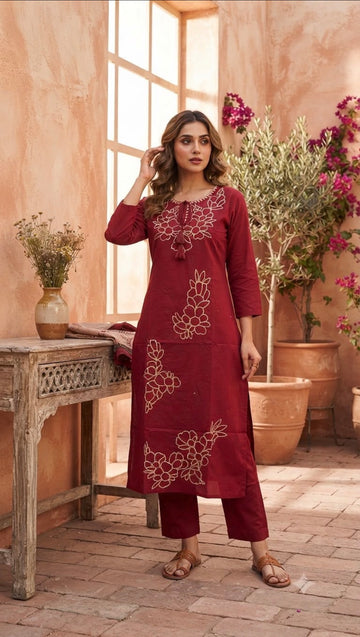 Deep Red Embroidered 2 piece Coord Set
