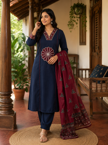 Navy Blue Aplick work 3-Piece Kurta Set with Maroon Printed Dupatta