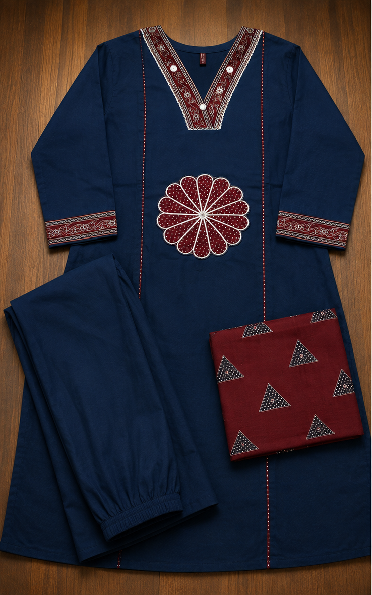 Navy Blue Aplick work 3-Piece Kurta Set with Maroon Printed Dupatta