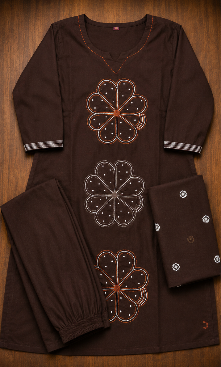 Coffe Brown Embroidered 3-Piece Kurta Set with Printed Dupatta