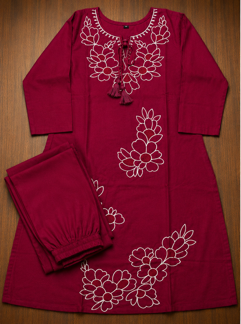 Deep Red Embroidered 2 piece Coord Set