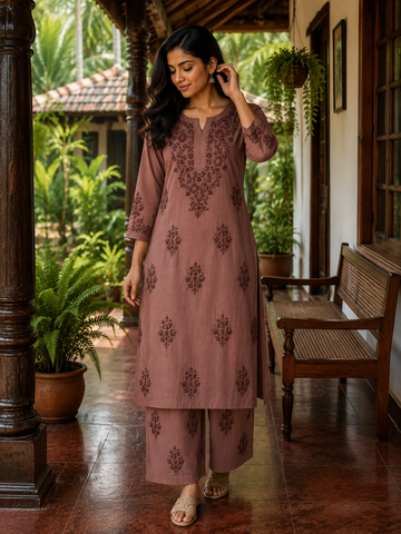 Brown Chikankari Kurti Set