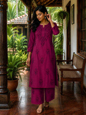 Wine Chikankari Kurti Set