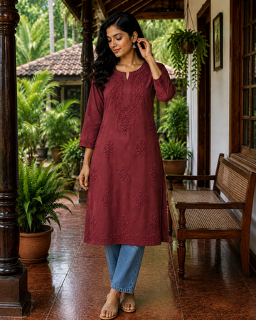Maroon - Chikankari Kurti Top