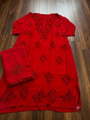 Red Chikankari Kurti Set
