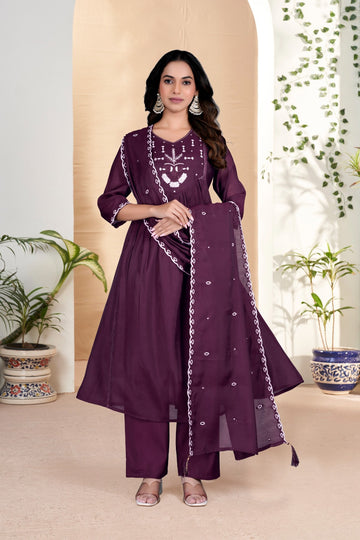 Purple Mulchanderi - 3 Piece Kurta Set
