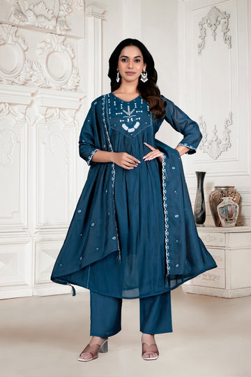 Teal Blue Mulchanderi - 3 Piece Kurta Set