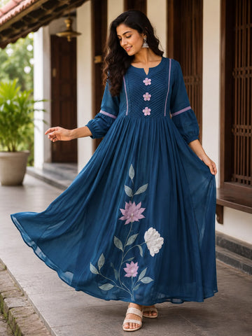 Navy Blue Floral Embroidered Anarkali Frock